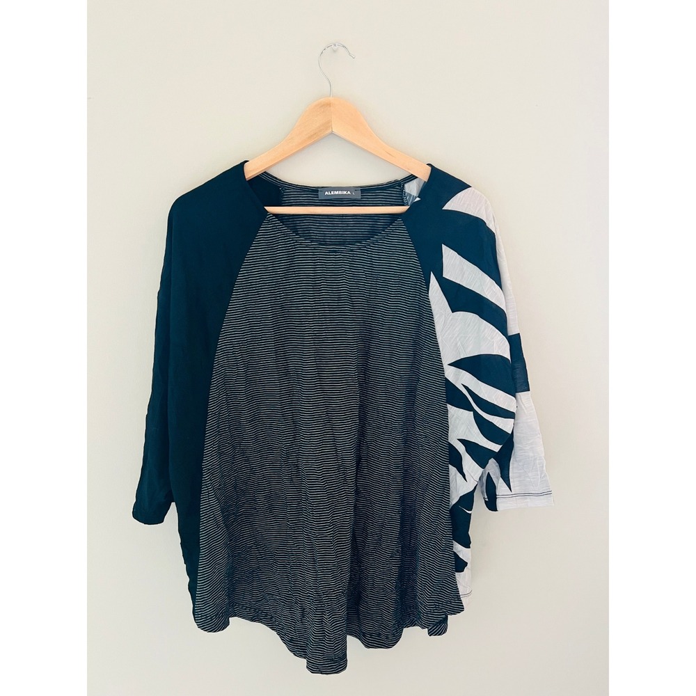 Alembika Womens Mixed Media Stripe Leaf Print Top Black White Lagenlook Large